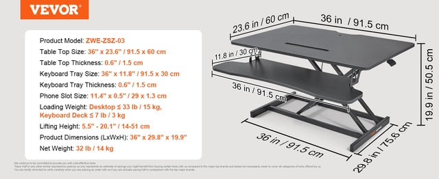 VEVOR Double-Layer Standing Desk Converter 36" x 23.6" Height Adjustable Standing Desk Sit to Stand Converter Stand Up Home Desk