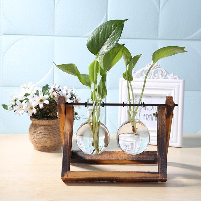 Glass Wood Vase Planter Terrarium Table Desktop Hydroponics Plant Bonsai Flower Pot Hanging Pots with Wooden Tray