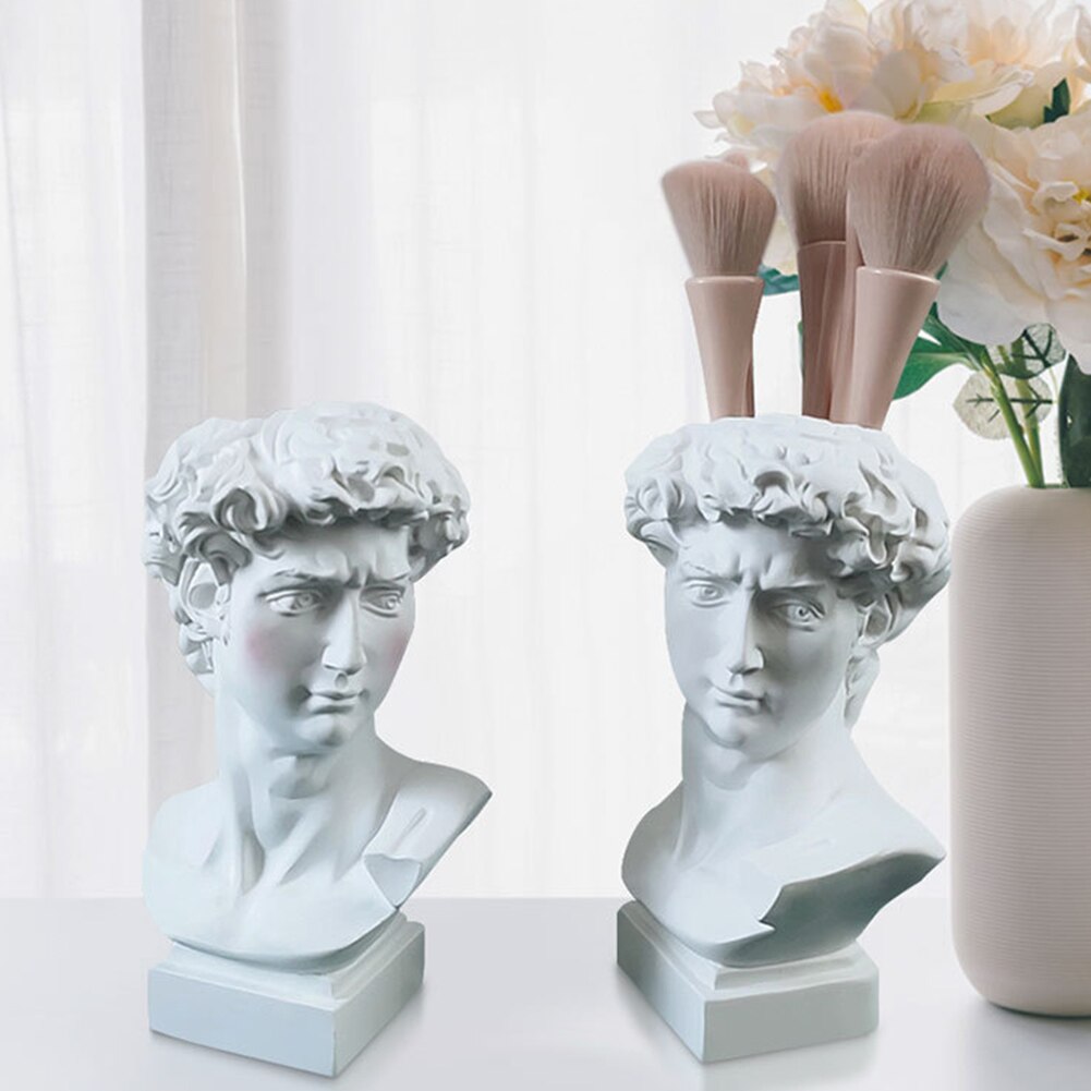 Pen Holder Resin David Statue Miniature Figurine Portrait Makeup Brush Storage Box Flowerpot Table Organizer