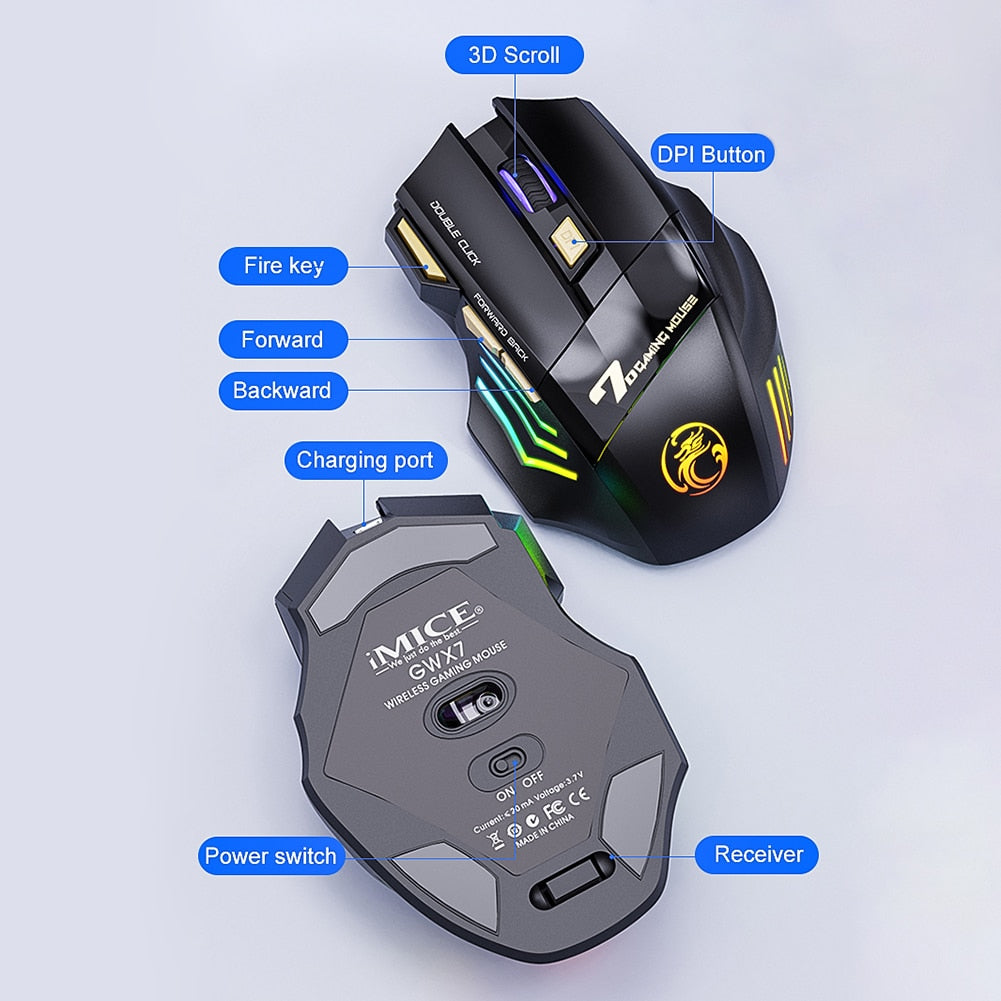 Ergonomic Gaming Mouse for iMice GW-X7 Rechargeable RGB Wireless Mouse 3200 DPI Adjustable 7 Buttons Mute Optical Computer Mouse