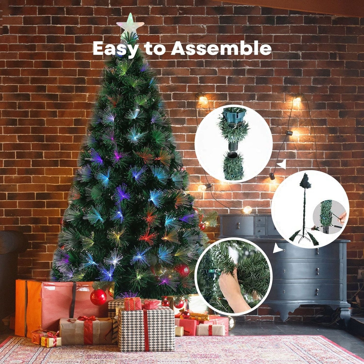 Festiss 1.8m Hinged Construction Easy Assembly Artificial Christmas Trees with Fiber Optic Lights