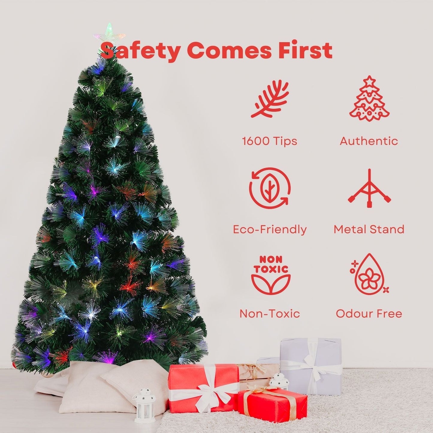 Festiss 1.8m Hinged Construction Easy Assembly Artificial Christmas Trees with Fiber Optic Lights