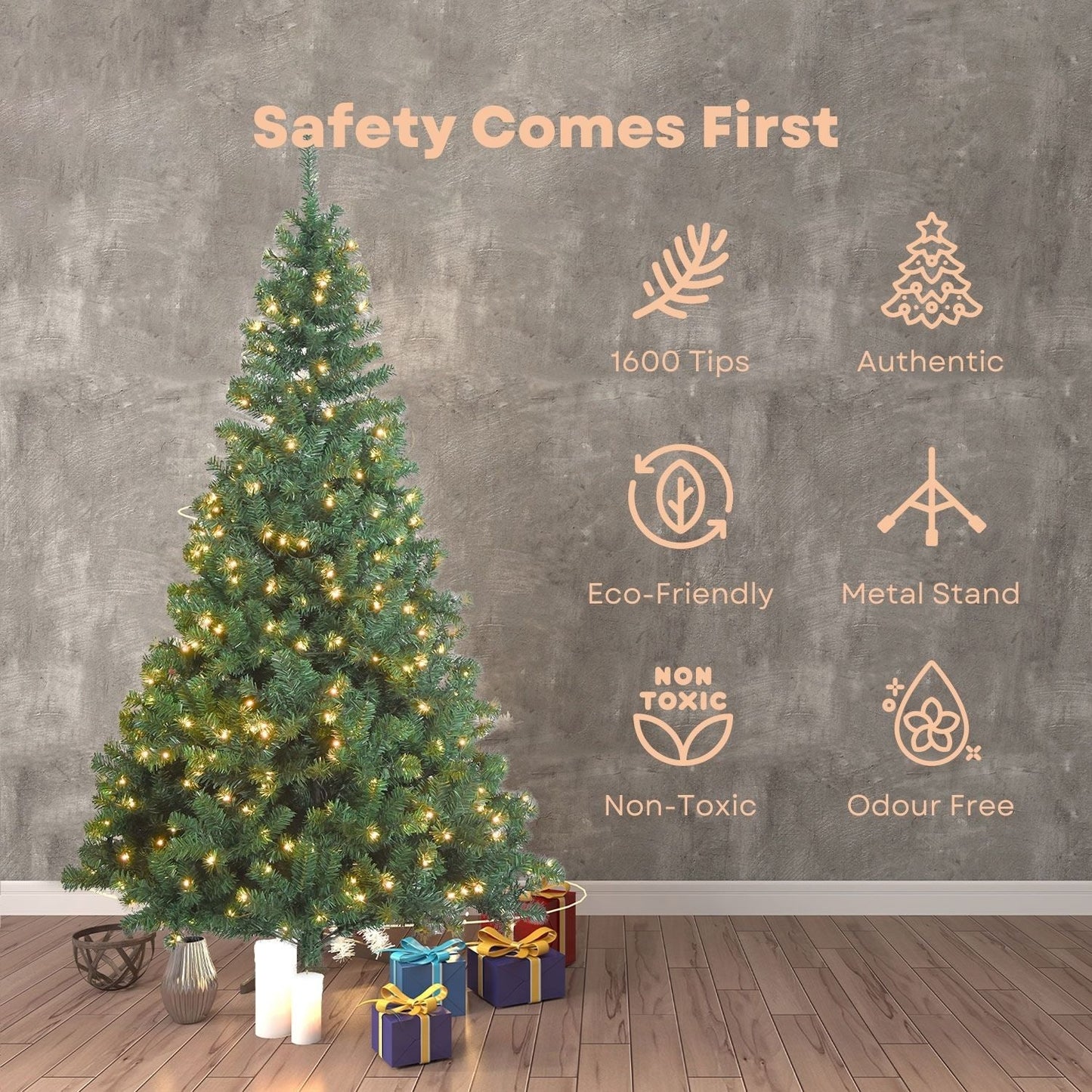 Festiss 2.1m Hinged Construction Easy Assembly Artificial Christmas Trees With Warm LED Lights