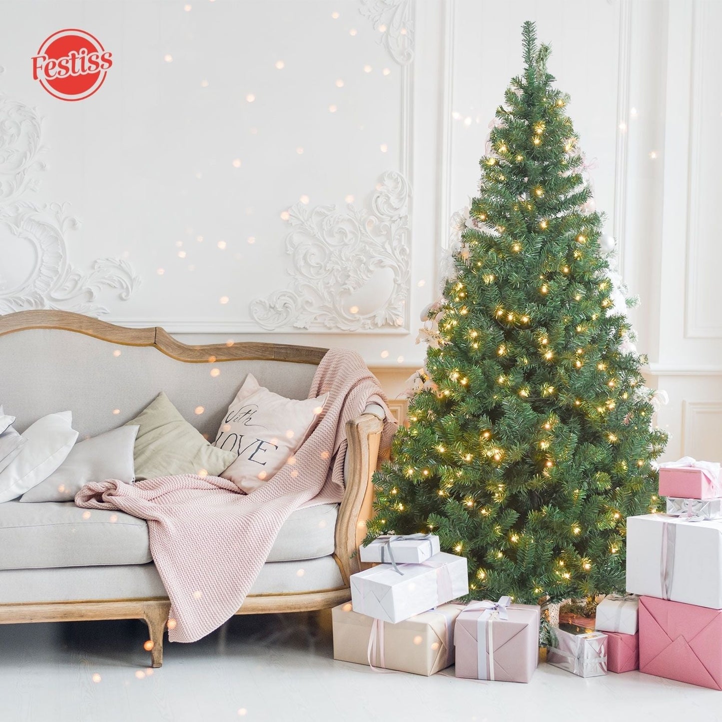 Festiss 2.1m Hinged Construction Easy Assembly Artificial Christmas Trees With Warm LED Lights