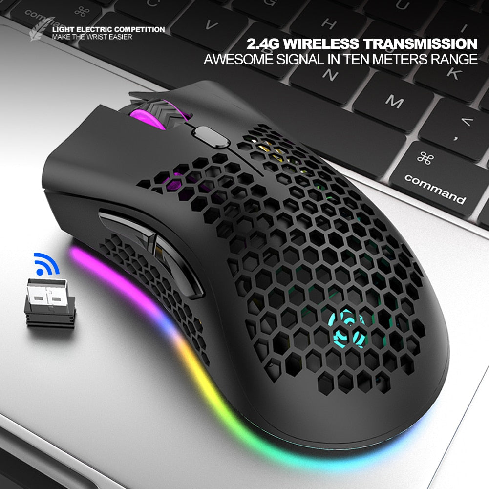 BM600 Rechargeable Gaming Mouse 2.4GHz USB Receiver Wireless Connection Mice 1600DPI Adjustable Hollow Honeycomb Gamer Mice