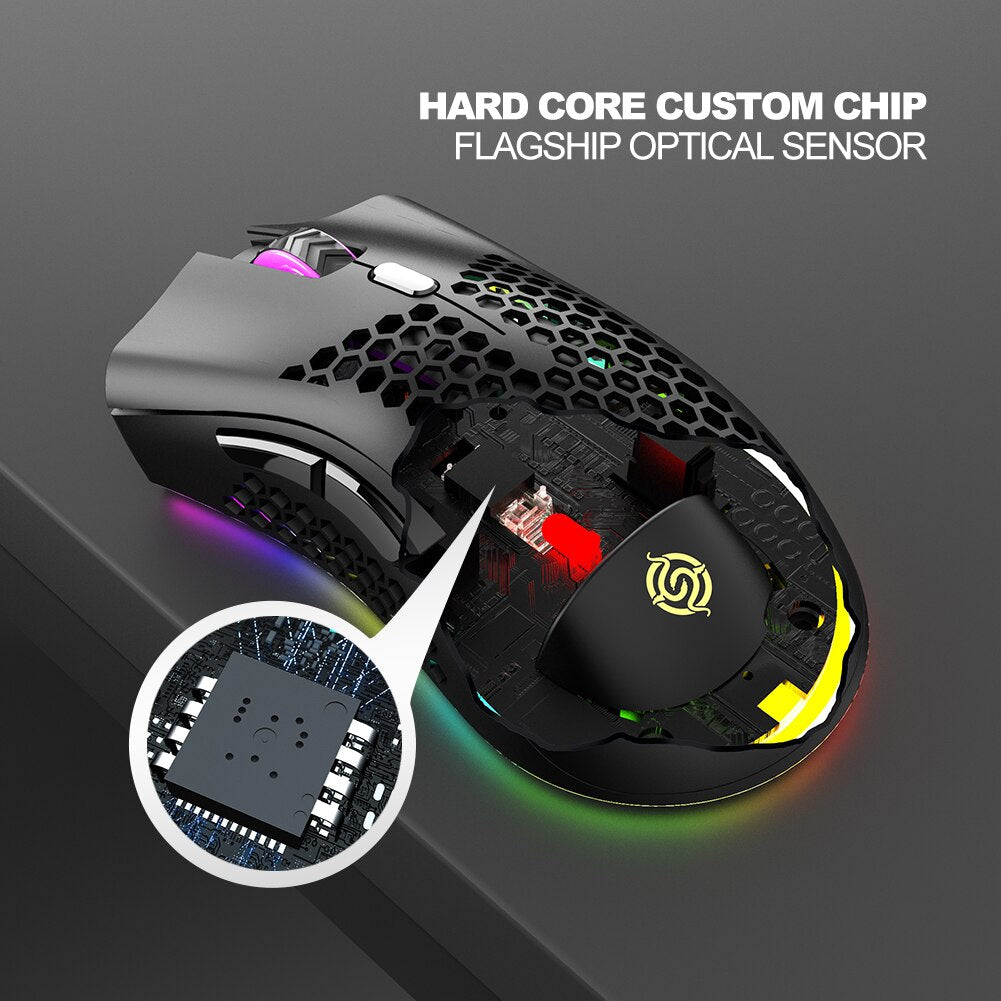 BM600 Rechargeable Gaming Mouse 2.4GHz USB Receiver Wireless Connection Mice 1600DPI Adjustable Hollow Honeycomb Gamer Mice