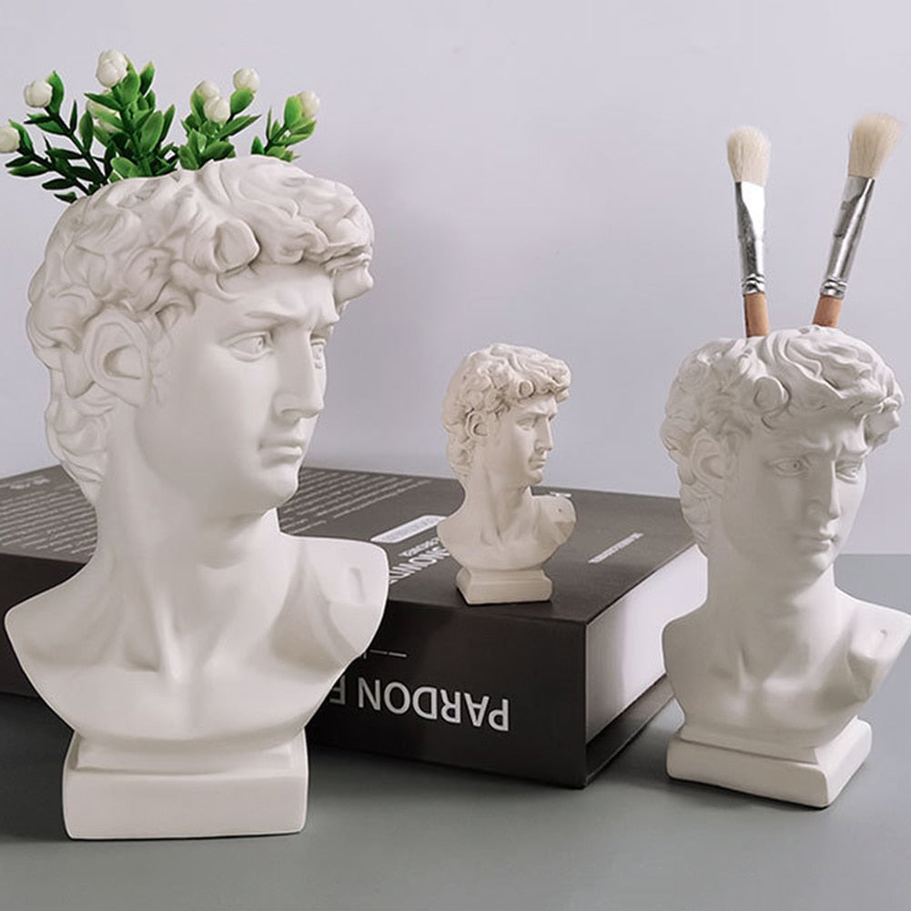 Pen Holder Resin David Statue Miniature Figurine Portrait Makeup Brush Storage Box Flowerpot Table Organizer
