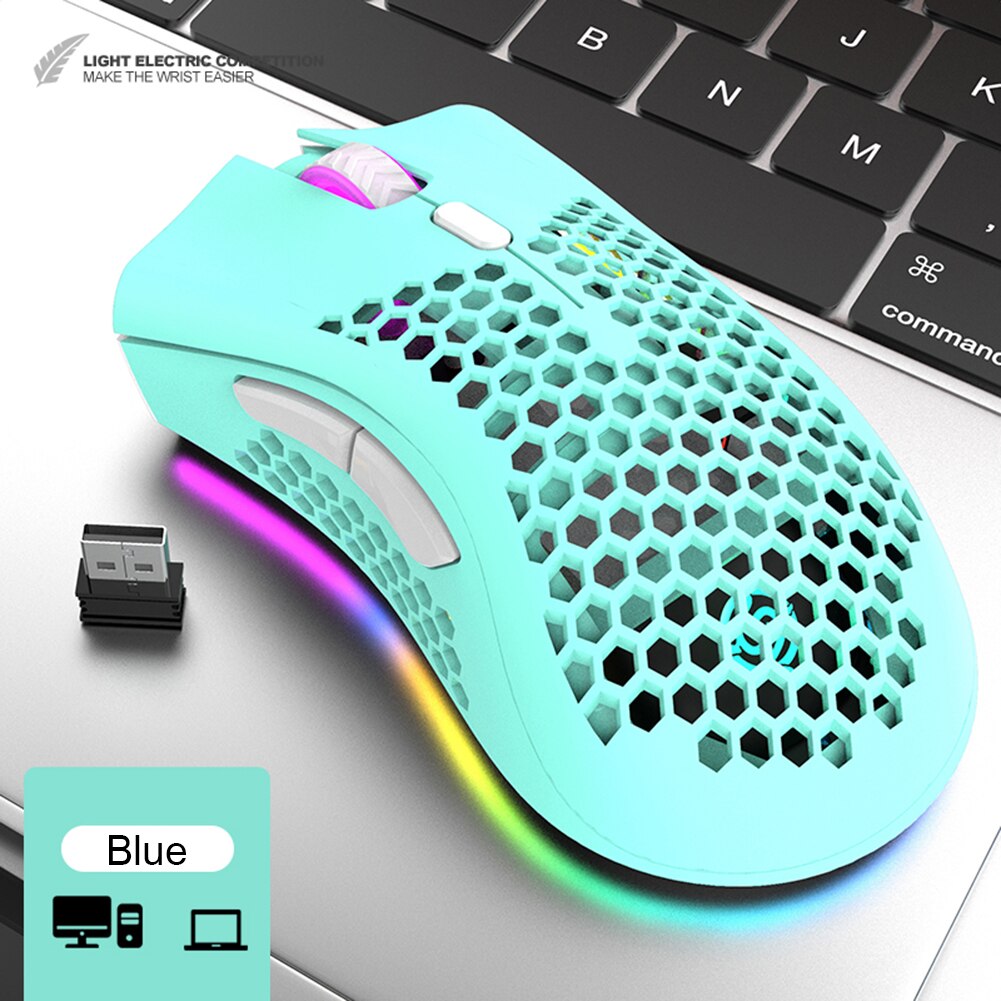 BM600 Rechargeable Gaming Mouse 2.4GHz USB Receiver Wireless Connection Mice 1600DPI Adjustable Hollow Honeycomb Gamer Mice