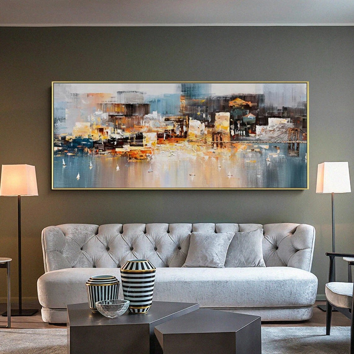 Original Hand Painted Oil Painting Cityscape Modern Oil Painting on Canvas Reflection Abstract Wall Art Handmade For Home Decor