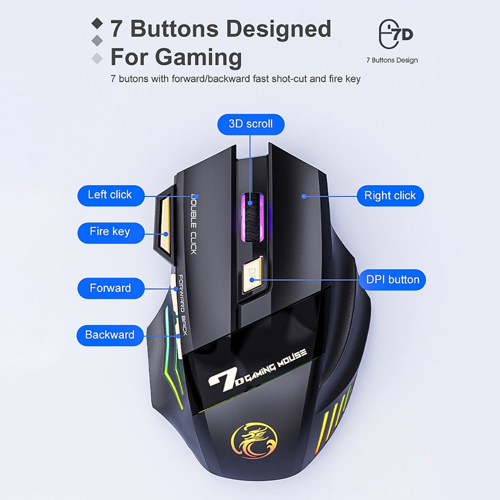 Ergonomic Gaming Mouse for iMice GW-X7 Rechargeable RGB Wireless Mouse 3200 DPI Adjustable 7 Buttons Mute Optical Computer Mouse