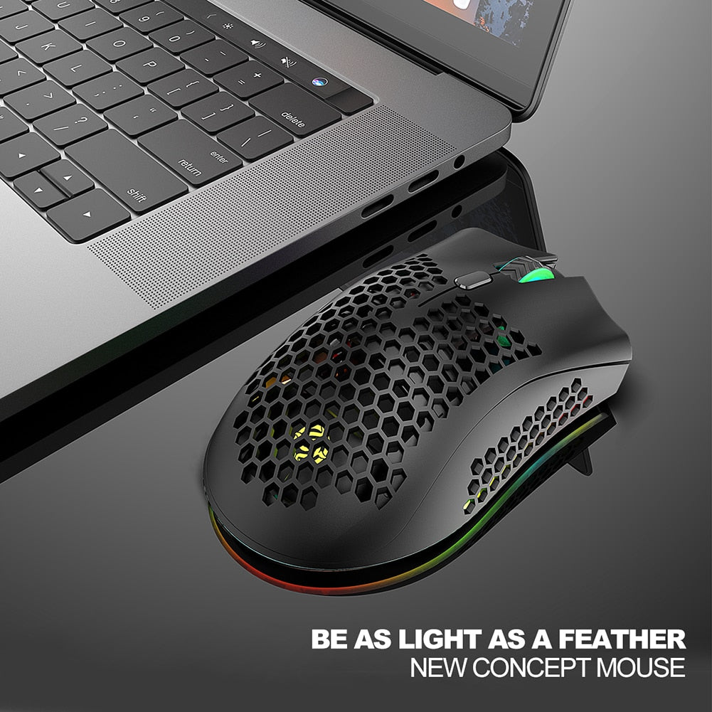 BM600 Rechargeable Gaming Mouse 2.4GHz USB Receiver Wireless Connection Mice 1600DPI Adjustable Hollow Honeycomb Gamer Mice