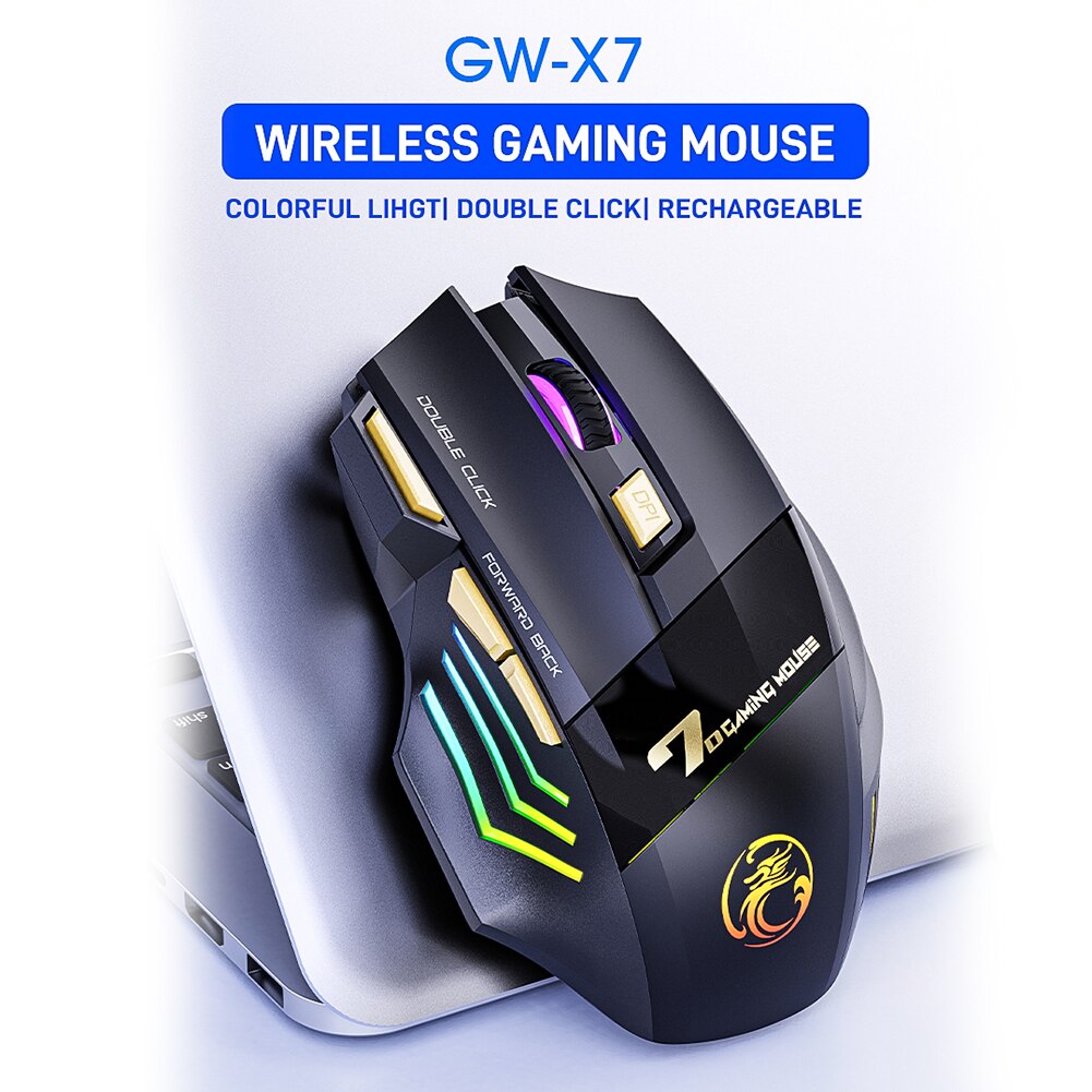 Ergonomic Gaming Mouse for iMice GW-X7 Rechargeable RGB Wireless Mouse 3200 DPI Adjustable 7 Buttons Mute Optical Computer Mouse