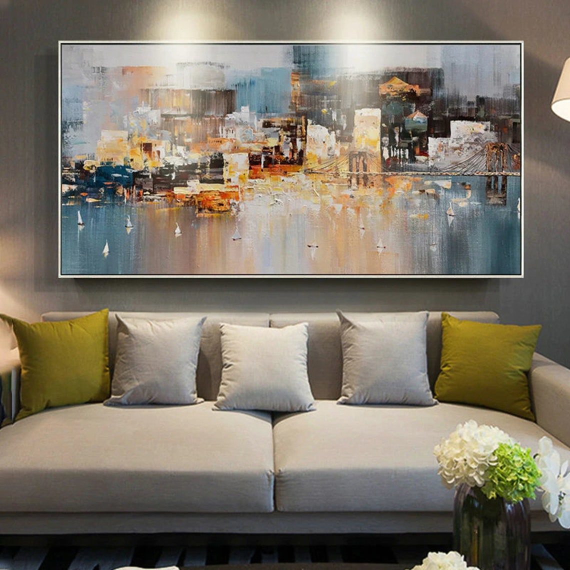 Original Hand Painted Oil Painting Cityscape Modern Oil Painting on Canvas Reflection Abstract Wall Art Handmade For Home Decor