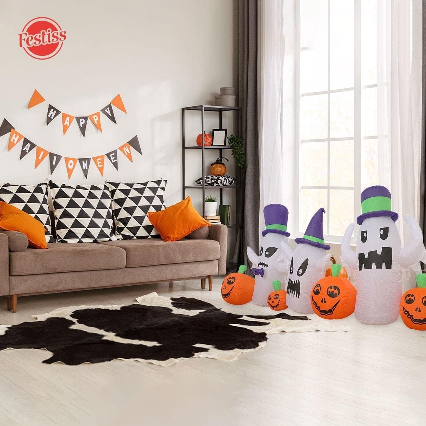 Festiss Halloween Inflatables Decoration With Built-In LED 2.7m Ghosts Pumpkins