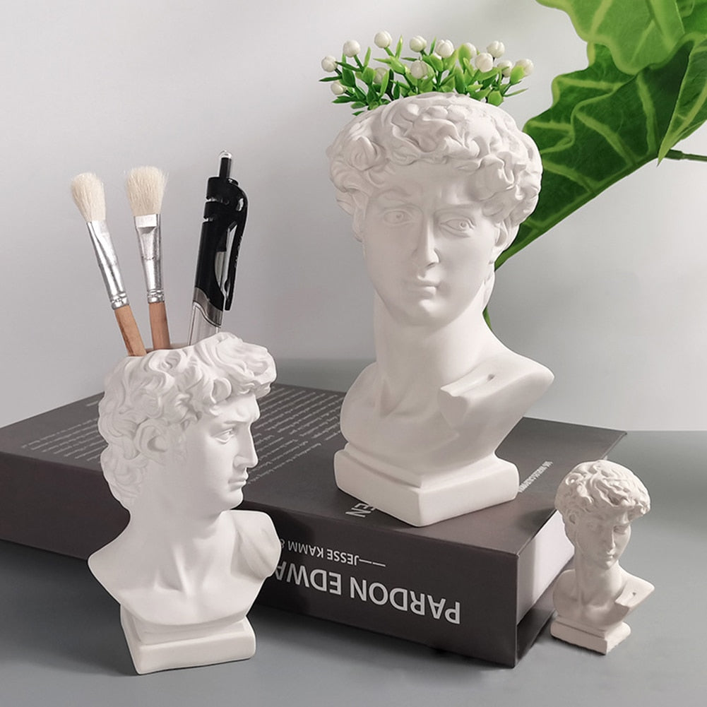 Pen Holder Resin David Statue Miniature Figurine Portrait Makeup Brush Storage Box Flowerpot Table Organizer