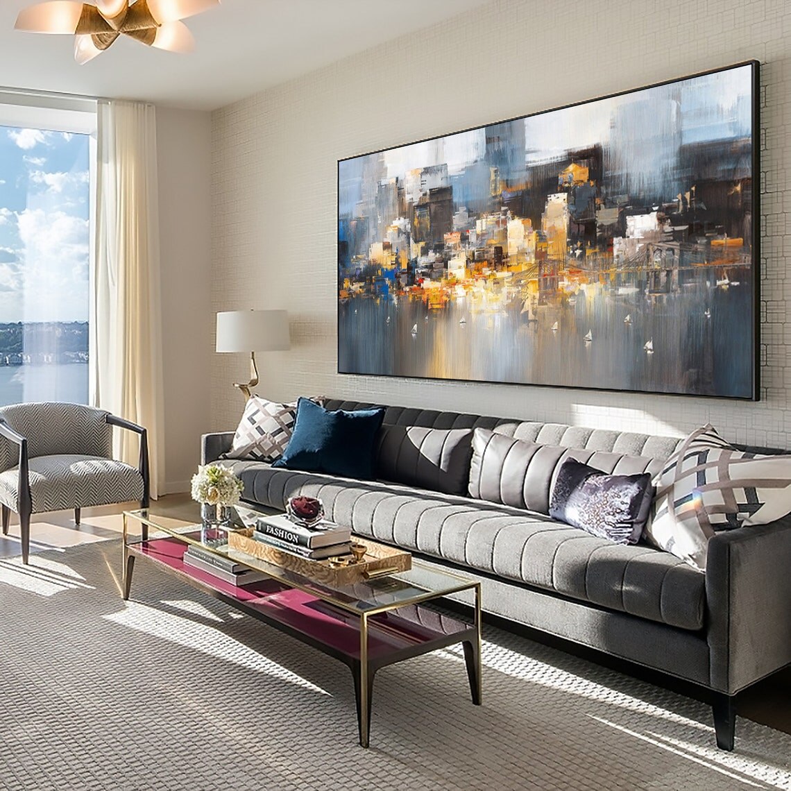 Original Hand Painted Oil Painting Cityscape Modern Oil Painting on Canvas Reflection Abstract Wall Art Handmade For Home Decor