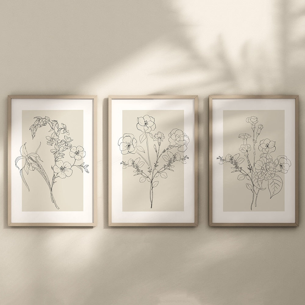 Boho Botanical Flower Line Beige Posters Wall Art Canvas Painting Minimal Floral Print Pictures Neutral Living Room Home Decor