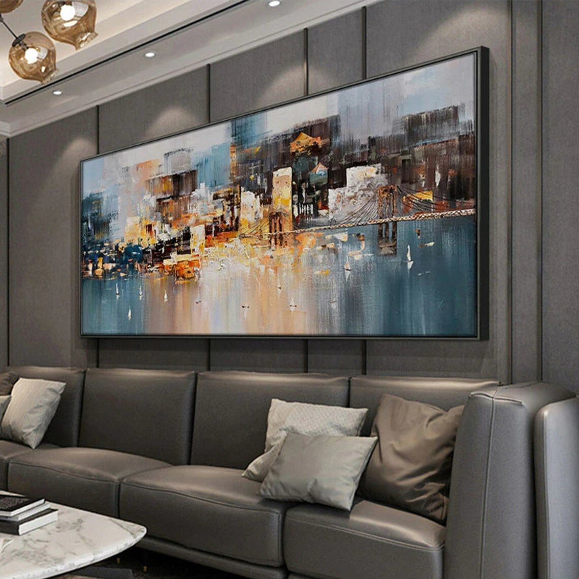 Original Hand Painted Oil Painting Cityscape Modern Oil Painting on Canvas Reflection Abstract Wall Art Handmade For Home Decor