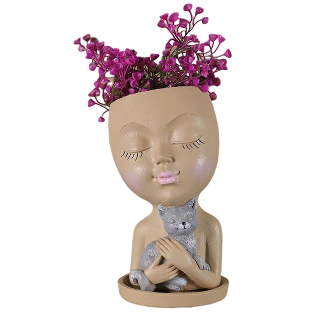Resin Girl Portrait Vase Ornaments Human Face Shape Flowerpot Desktop Storage Handicraft Holiday Gift Home Decor for Courtyard