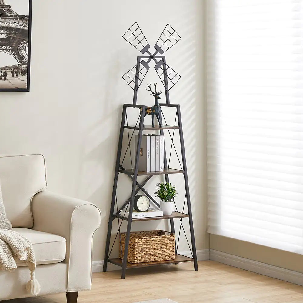 4-Tier Metal Frame Bookshelf with Windmill Design