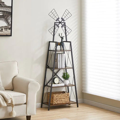 4-Tier Metal Frame Bookshelf with Windmill Design