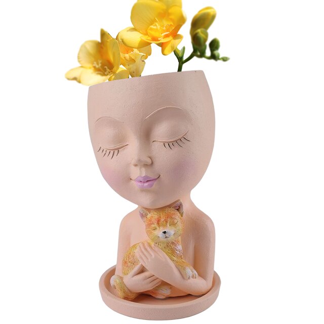 Resin Girl Portrait Vase Ornaments Human Face Shape Flowerpot Desktop Storage Handicraft Holiday Gift Home Decor for Courtyard