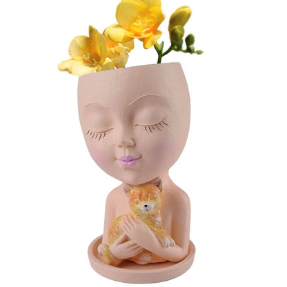 Resin Girl Portrait Vase Ornaments Human Face Shape Flowerpot Desktop Storage Handicraft Holiday Gift Home Decor for Courtyard