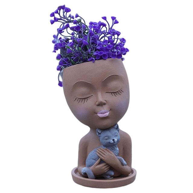 Resin Girl Portrait Vase Ornaments Human Face Shape Flowerpot Desktop Storage Handicraft Holiday Gift Home Decor for Courtyard