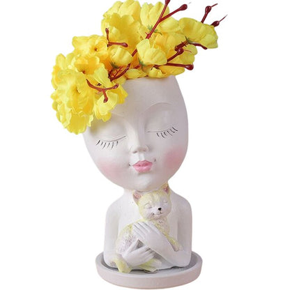Resin Girl Portrait Vase Ornaments Human Face Shape Flowerpot Desktop Storage Handicraft Holiday Gift Home Decor for Courtyard
