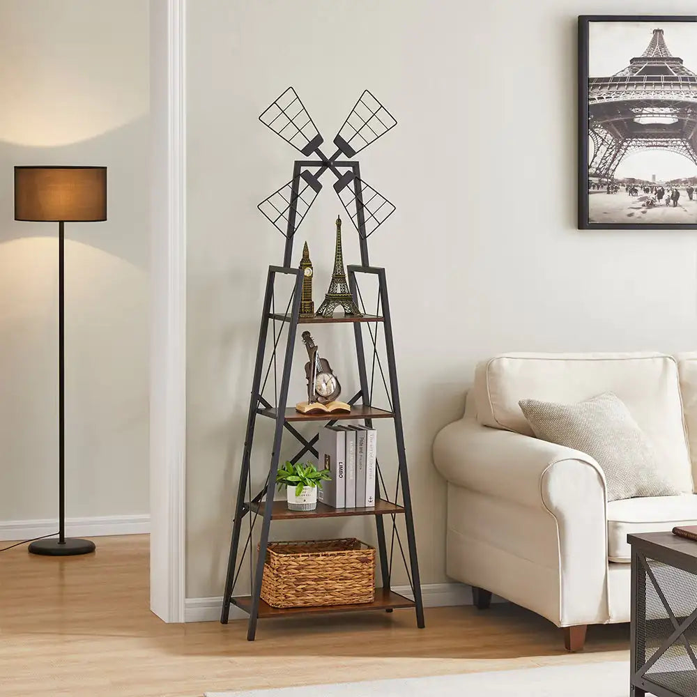 4-Tier Metal Frame Bookshelf with Windmill Design
