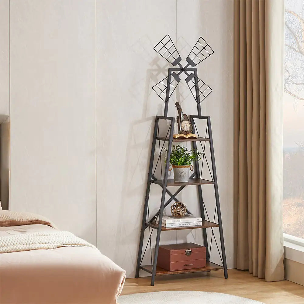 4-Tier Metal Frame Bookshelf with Windmill Design