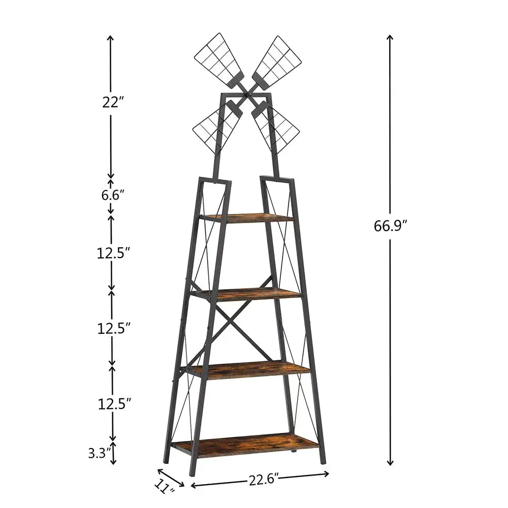4-Tier Metal Frame Bookshelf with Windmill Design