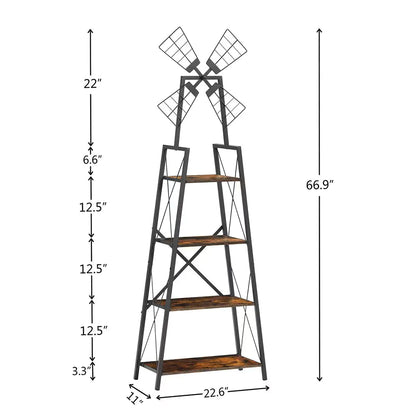 4-Tier Metal Frame Bookshelf with Windmill Design