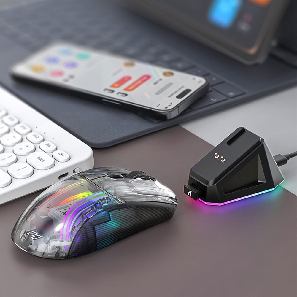 Wireless Gamer Mouse RGB Lighting 3 Modes Portable Mouse Bluetooth-Compatible 5.0/2.4G/USB-C Transparent for ESports Office