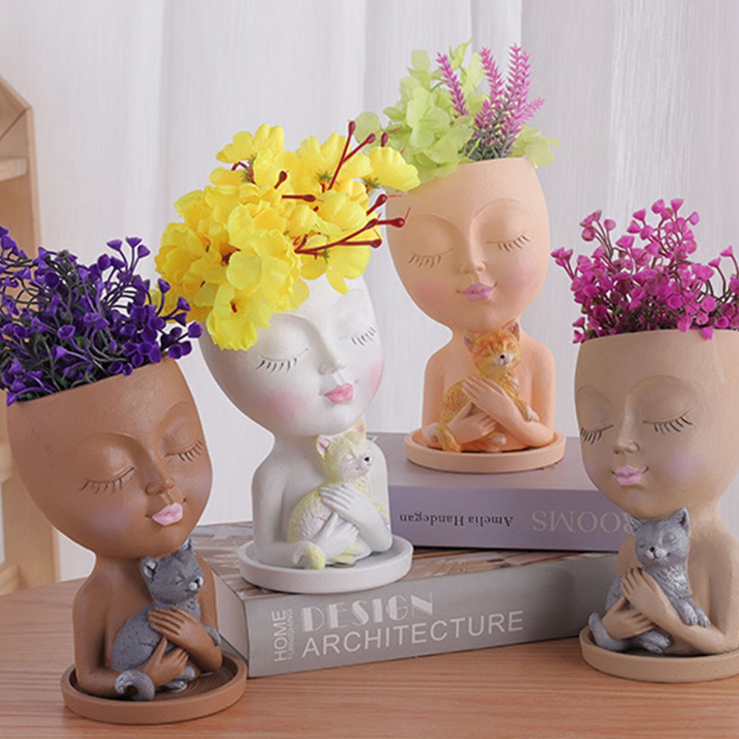 Resin Girl Portrait Vase Ornaments Human Face Shape Flowerpot Desktop Storage Handicraft Holiday Gift Home Decor for Courtyard