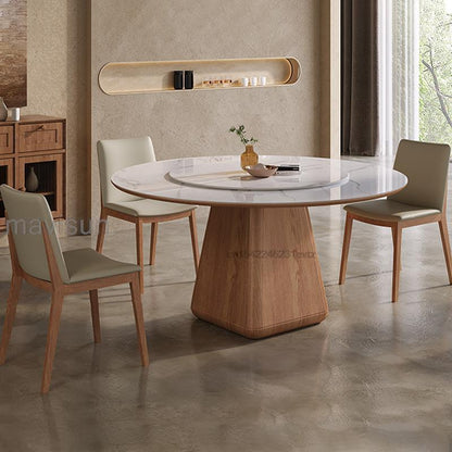 Wooden Dining Room Sets Stable 12mm Rock Slab And 18mm Thickness Of Base Plate Tabletop Round Kitchen Table With 360°Turntable