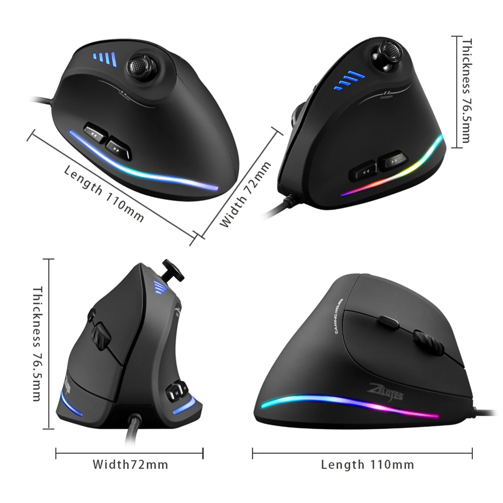For ZELOTES C-18 11 Buttons USB Wired 10000DPI RGB Optical Ergonomic Gaming Adjustable Vertical Mouse