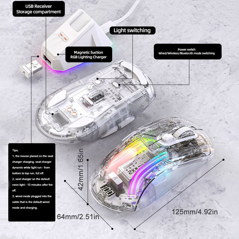 Wireless Gamer Mouse RGB Lighting 3 Modes Portable Mouse Bluetooth-Compatible 5.0/2.4G/USB-C Transparent for ESports Office
