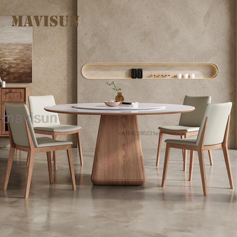Wooden Dining Room Sets Stable 12mm Rock Slab And 18mm Thickness Of Base Plate Tabletop Round Kitchen Table With 360°Turntable