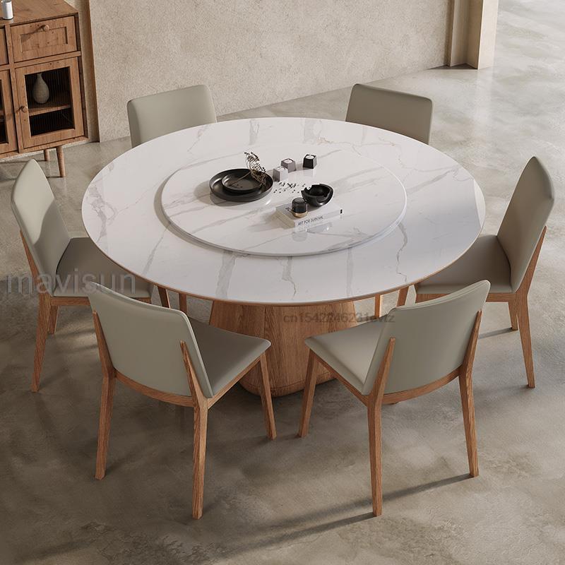Wooden Dining Room Sets Stable 12mm Rock Slab And 18mm Thickness Of Base Plate Tabletop Round Kitchen Table With 360°Turntable