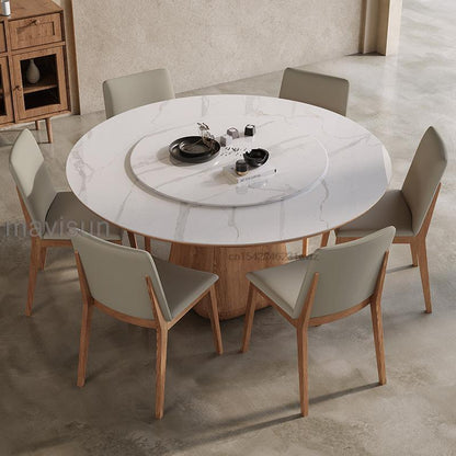 Wooden Dining Room Sets Stable 12mm Rock Slab And 18mm Thickness Of Base Plate Tabletop Round Kitchen Table With 360°Turntable