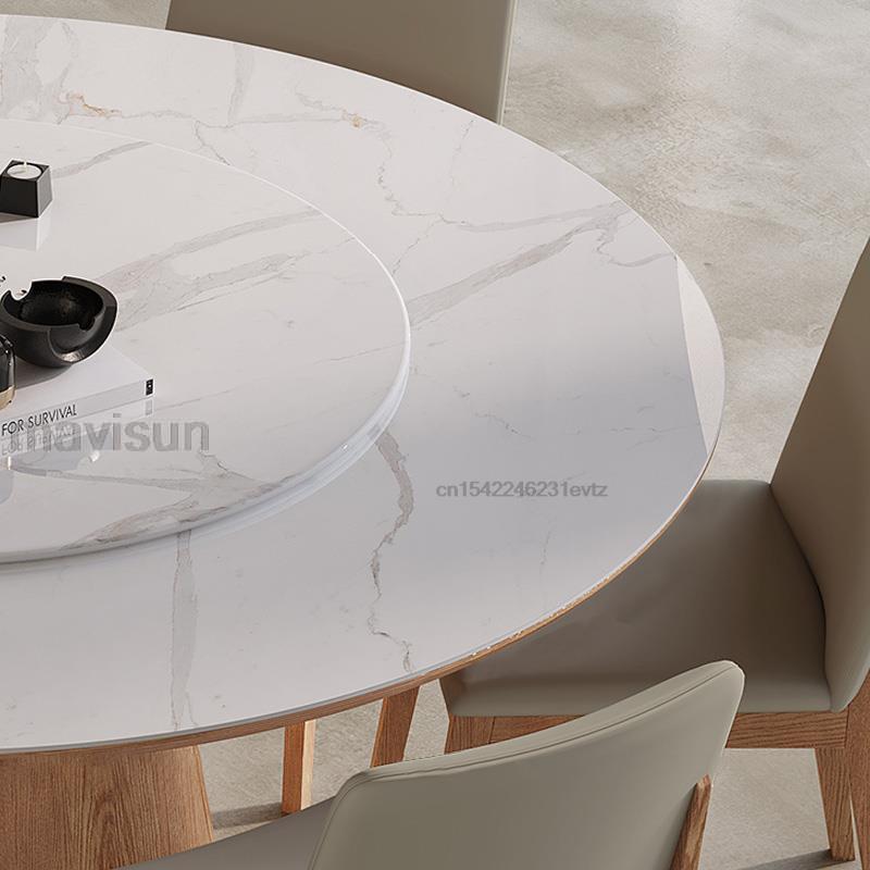 Wooden Dining Room Sets Stable 12mm Rock Slab And 18mm Thickness Of Base Plate Tabletop Round Kitchen Table With 360°Turntable